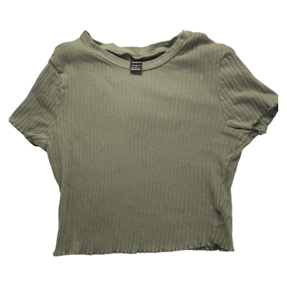 Shein Army Green Rib-Knit Lettuce Trim Tee‎ Size Medium